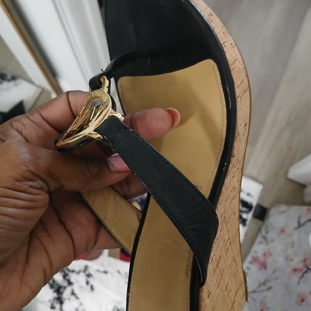 Michael Kors Black and Tan Wedges with Gold Detail